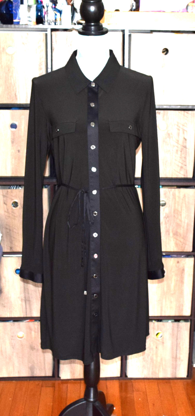 White House Black Market Dress Womens L Black Long Sleeve Shirtdress Belted NWOT